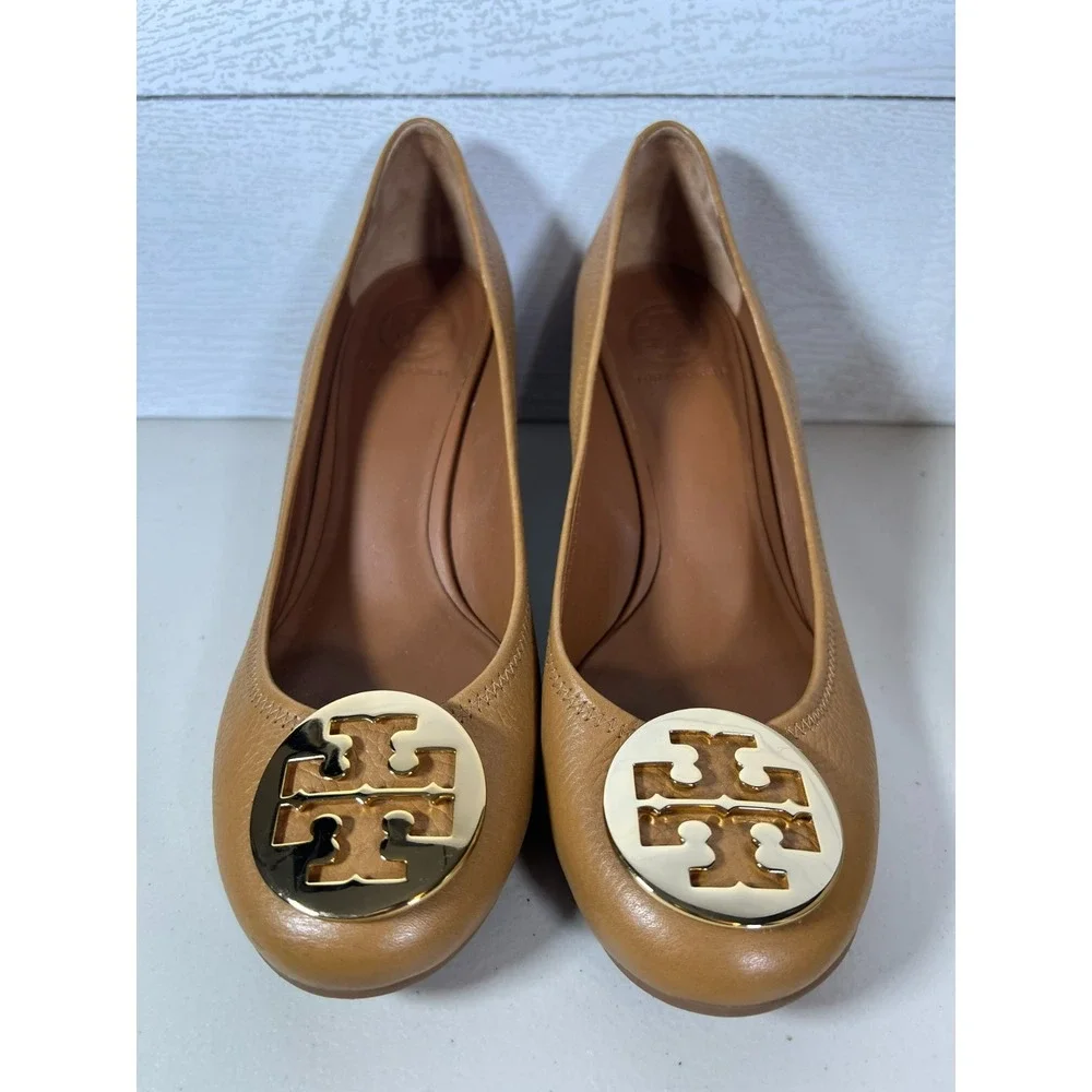 Tory Burch Peep Toe Sally Wedge Heels Pumps Gold Tan Size 9.5 M